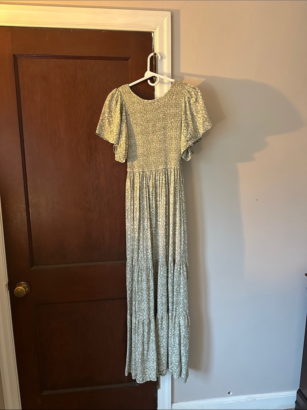 PinkBlush Light Olive Floral Smocked Front Pleated Hem Maternity Maxi Dress